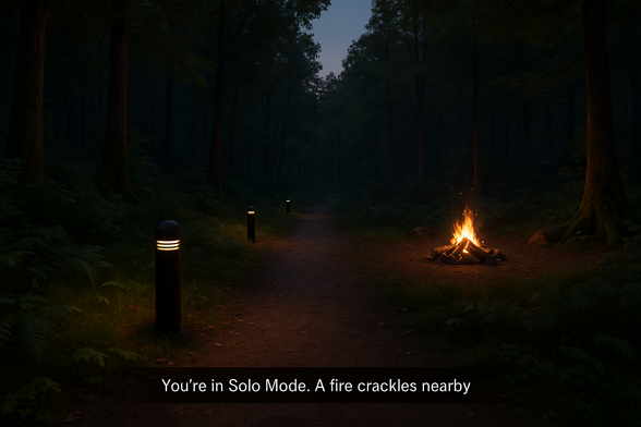 Gameplay mockup of Aurisona, a VR audio immersion experience coming later this year. A hiking path shows bollard speaker lamps along the left side, and a campfire burning brightly off the right hand side of the path. A lush, green forest surrounds the player.