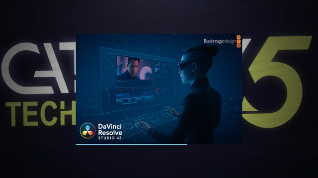 An AI-generated mockup of a DaVinci Resolve Studio splash screen for version 43, a distant future version (currently version 20). The scene depicts a futuristic-looking woman wearing a sleek VR headset, editing a video in a vectorized virtual space, with her hands on a virtual console and a screen-like display projecting the DaVinci Resolve interface in front of her.