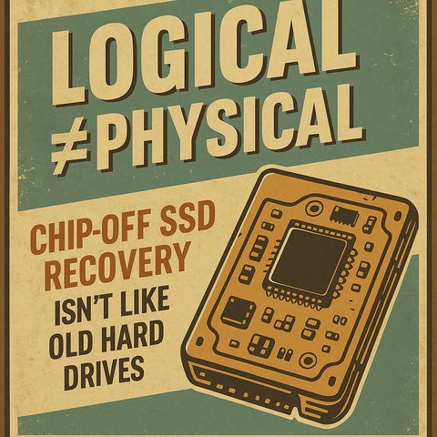 Vintage style poster that says:

LOGICAL ≠ PHYSICAL
Chip-off SSD recovery isn’t like old hard drives.